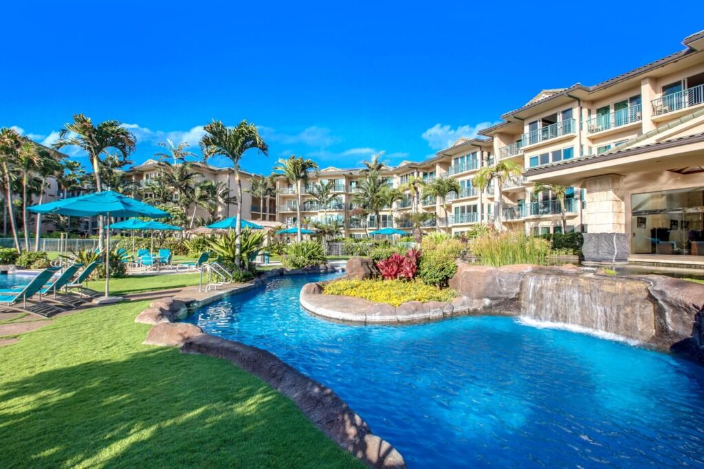 The pool area of a resort on the East Shore of Kauai.