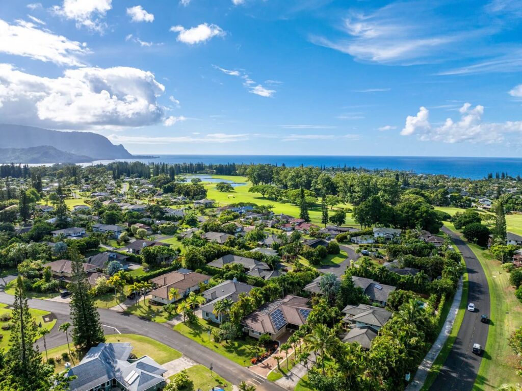 The view of homes on Kauai near popular Princeville restaurants.